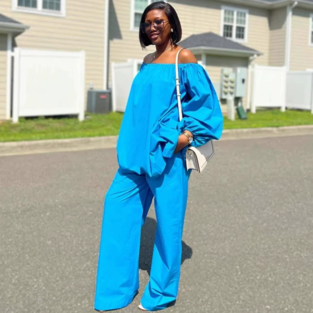 ZARA African Fashion Off Shoulder Solid Color Loose Top Pants 2 Piece Set Women